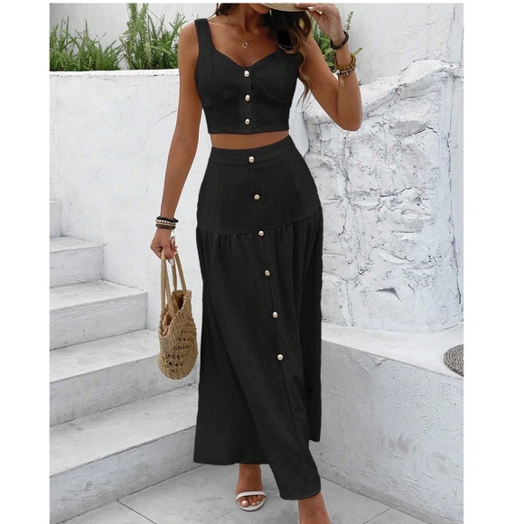 Button Detail Sweetheart Crop Top Maxi Skirt Set - Picture 1 of 7
